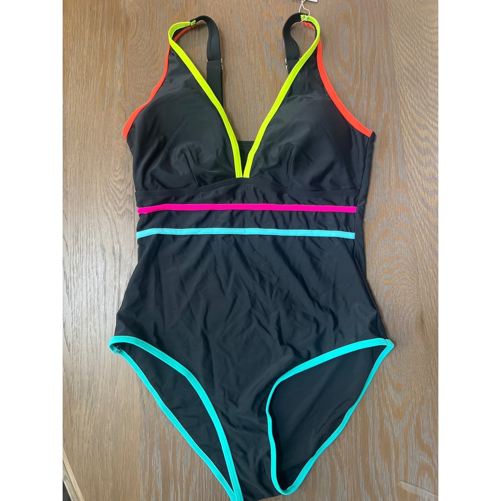 Sunshine Neon Color-Block V-Neck One-Piece Swimsuit Black Size M NWT
